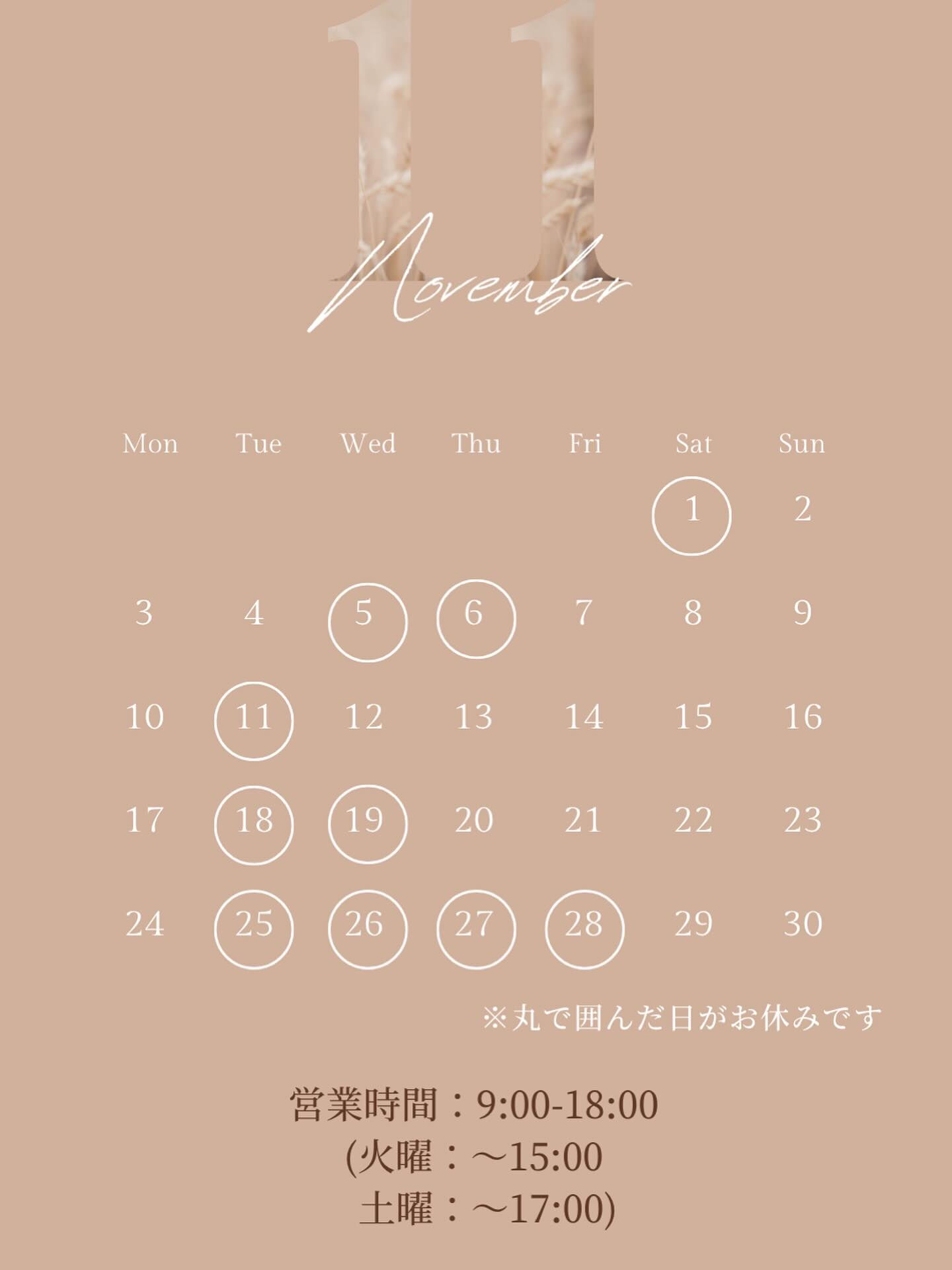 📅11月の営業カレンダーです